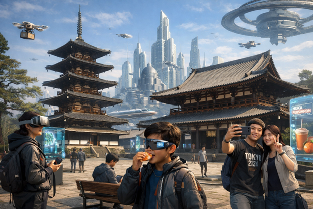 プロンプト:100年後の法隆寺の情景の画像を作成して。ただし、法隆寺の文化遺産は今のまま残っているものとする。訪れる人々は「柿食えば鐘が鳴るなり法隆寺」という句を知っているもののその句を全くイメージできない姿に変わってしまった。